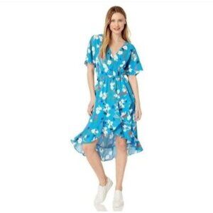 J. Crew Mercantile High-low faux wrap dress ruffle sleeve blue floral M